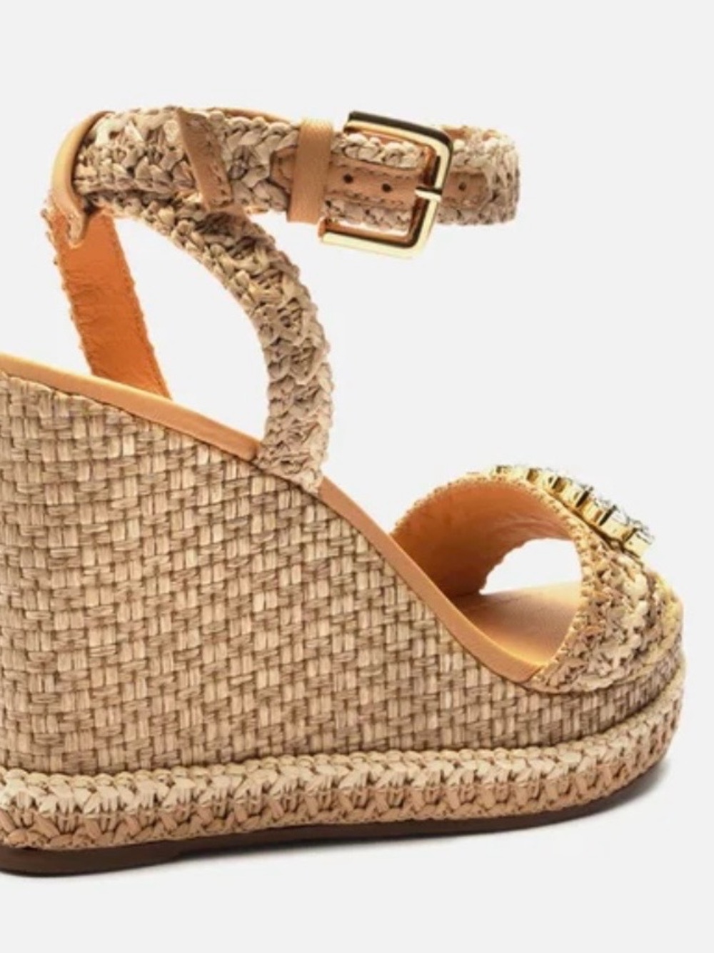 Braided Tan Wedge Sandals with Crystal Strap - Picture 10 of 12